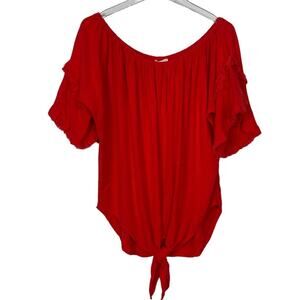 Umgee Top Blouse Linen Cotton Tie Front Fringe Size Large NEW